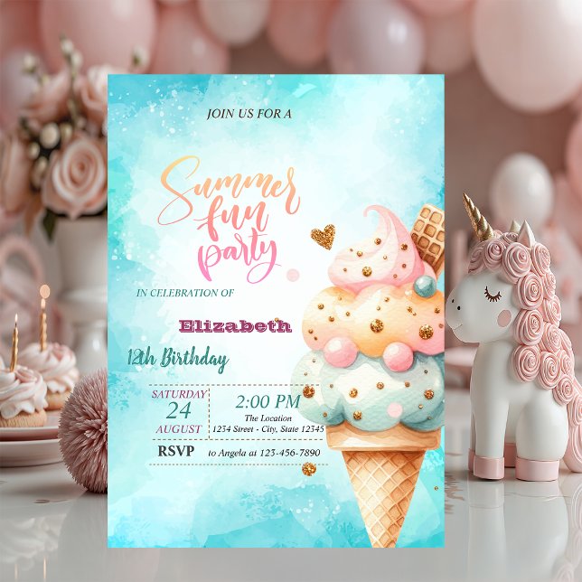 Colorful Ice Cream Cone Summer Birthday Party  Invitation (Creator Uploaded)