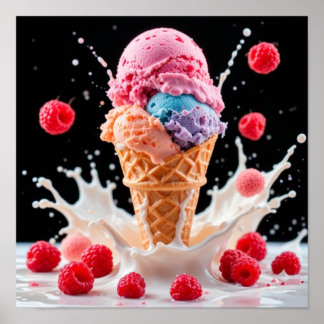 Colorful Ice Cream Cone with Splashing Milk Poster (Front)