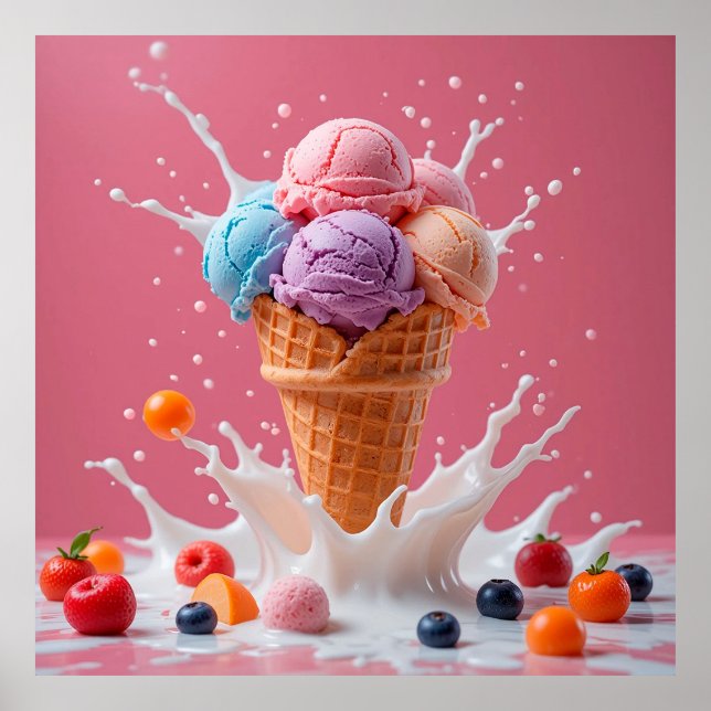 Colorful Ice Cream Cone with Splashing Milk Poster (Front)