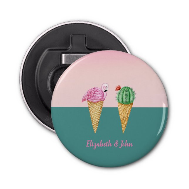 Colorful Ice Cream Cones Cactus Pink Flamingos Bottle Opener (Front)