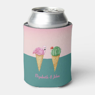 Colorful Ice Cream Cones Cactus Pink Flamingos Can Cooler