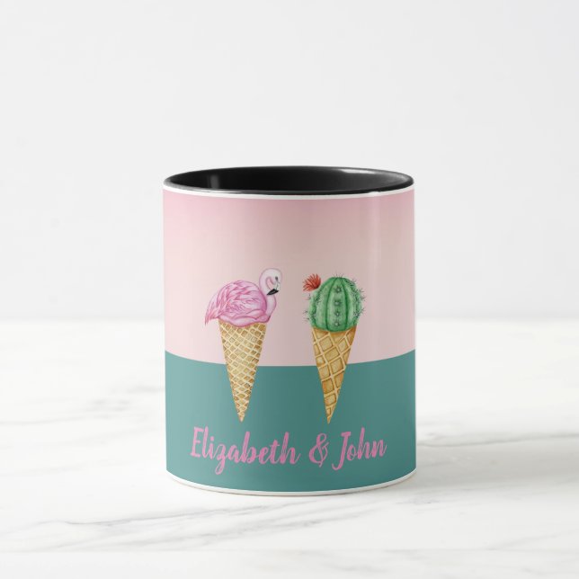 Colorful Ice Cream Cones Cactus Pink Flamingos Mug (Center)