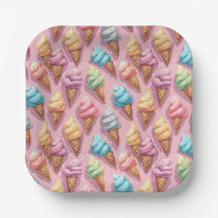 Colorful Ice Cream Cones On Pink Paper Plates