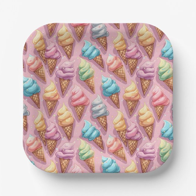 Colorful Ice Cream Cones On Pink Paper Plates (Front)