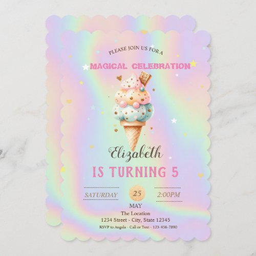 Colorful Ice cream Holographic Birthday Invitation