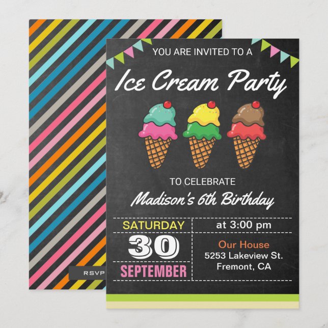 Colorful Ice Cream Kids Birthday Party Invitation (Front/Back)