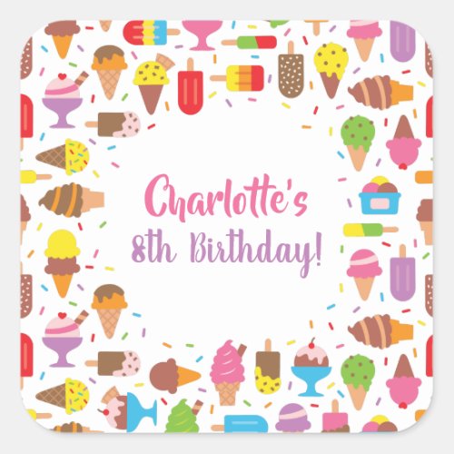 Colorful Ice Cream Pattern Birthday Party Stickers