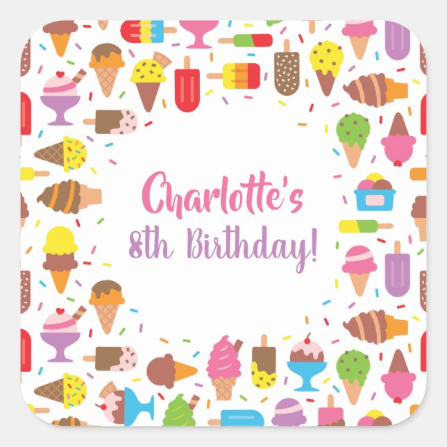 Colorful Ice Cream Pattern Birthday Party Stickers (Front)
