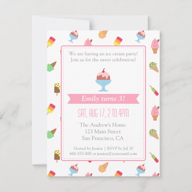 Colorful Ice cream pattern party invitations (Front)
