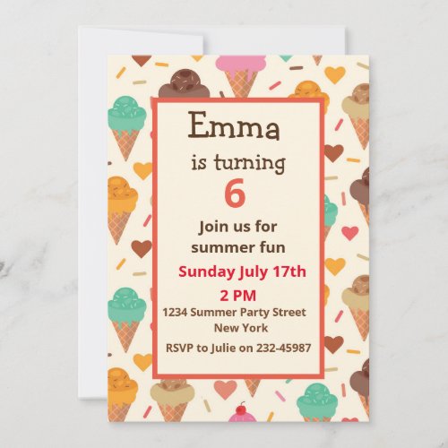 Colorful Ice Cream pattern with hearts birthday  Invitation