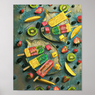 Colorful ice cream popsicles fruits poster