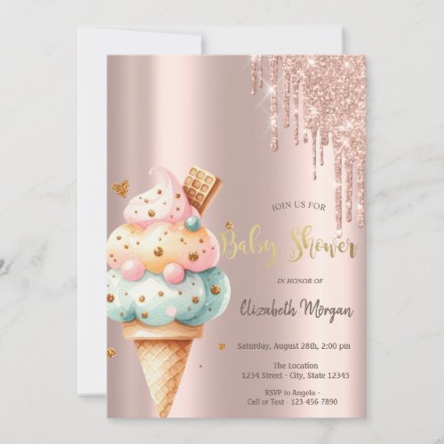 Colorful Ice cream Rose Gold Sweets Baby Shower Invitation
