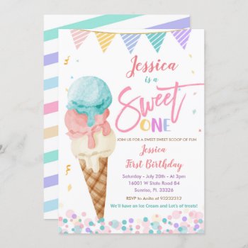 Colorful Ice Cream Sweet One Birthday Invitation by HappyPartyStudio at Zazzle