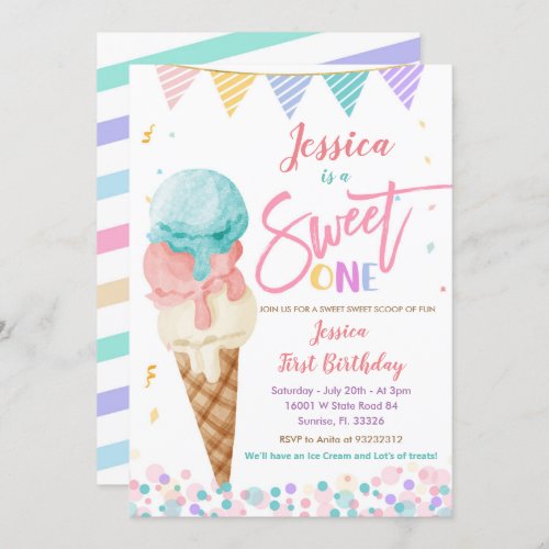 Colorful Ice Cream Sweet ONE Birthday Invitation