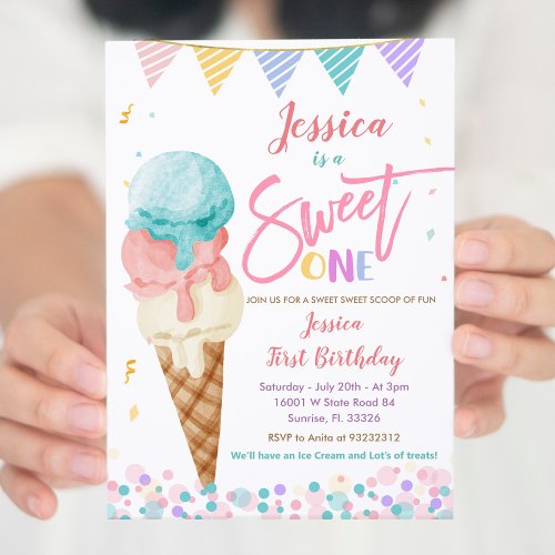 Colorful Ice Cream Sweet ONE Birthday Invitation