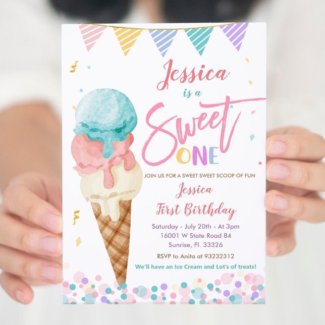 Colorful Ice Cream Sweet ONE Birthday Invitation (Creator Uploaded)
