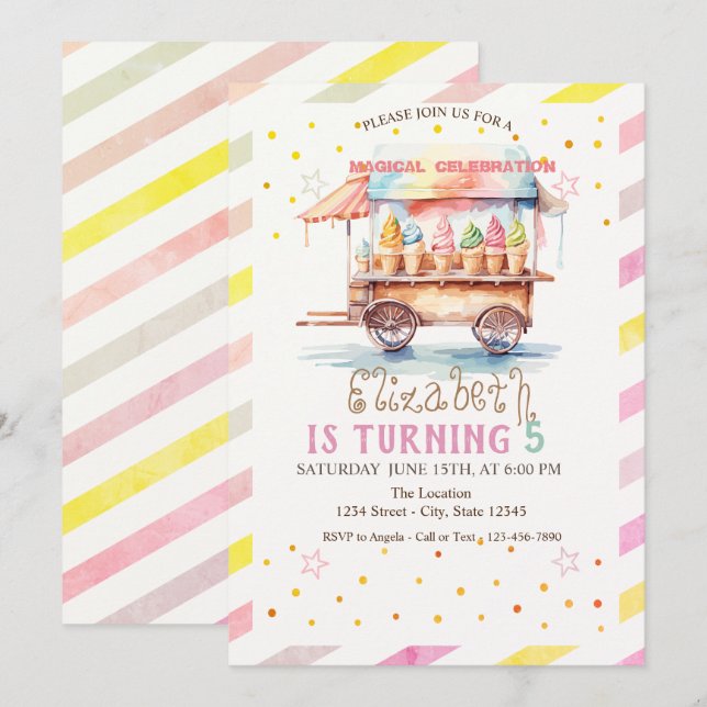 Colorful Ice Cream Truck Striped Birthday Invitation (Front/Back)