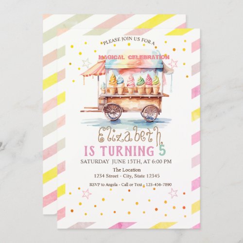 Colorful Ice Cream Truck Striped Birthday Invitation