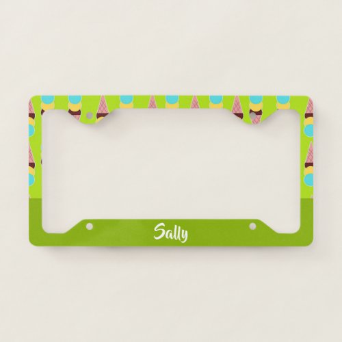 Colorful ice creams on green license plate frame