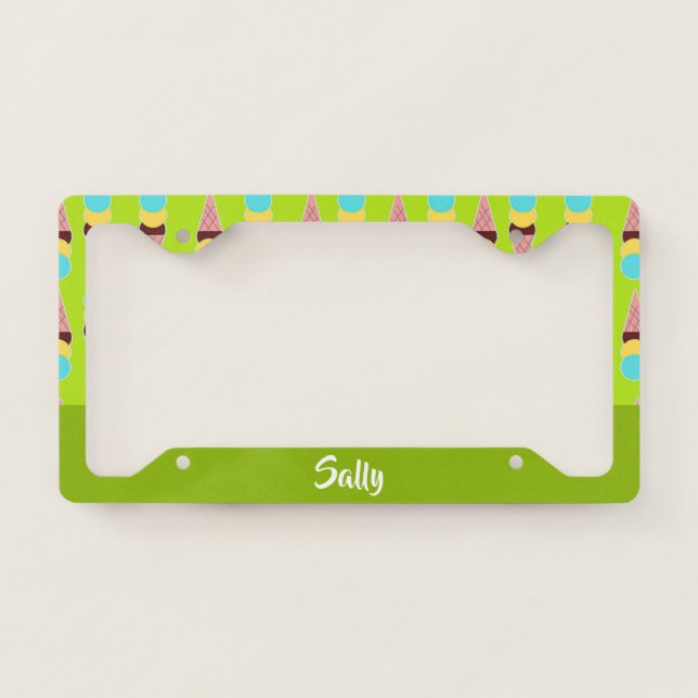Colorful ice creams on green license plate frame (Front)