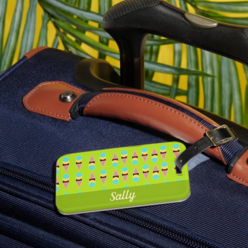 Colorful ice creams on green luggage tag