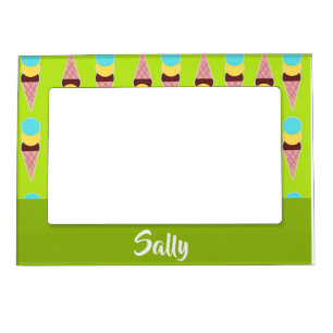 Colorful ice creams on green magnetic frame