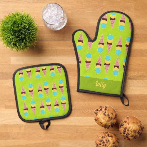 Colorful ice creams on green oven mitt  pot holder set