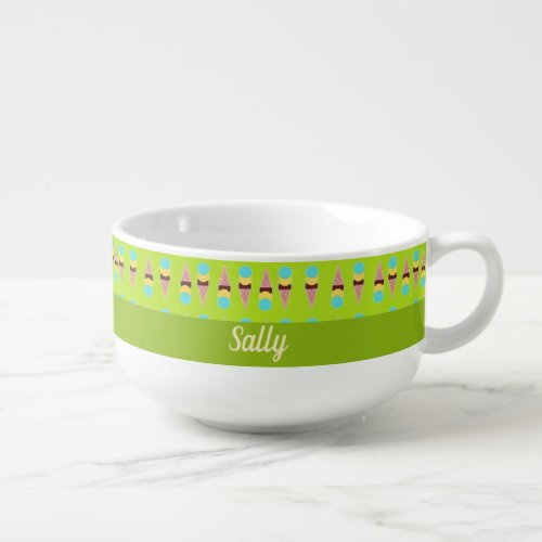 Colorful ice creams on green soup mug