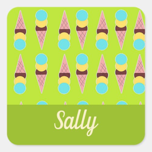 Colorful ice creams on green square sticker