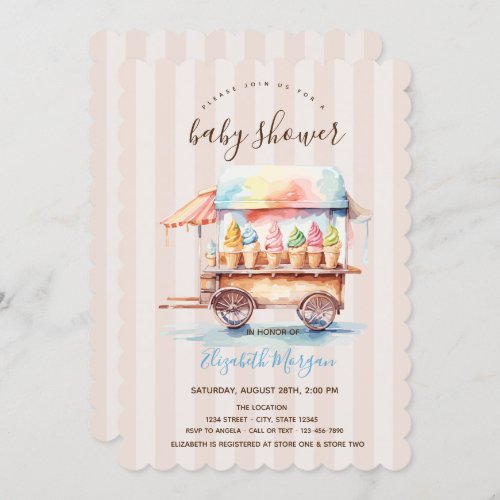 Colorful Ice Creams Truck Stripes Baby Shower  Invitation