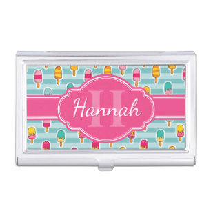 Colorful Ice Pop Pattern with Pink Monogram Business Card Case