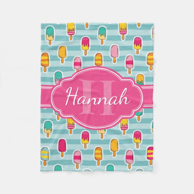Colorful Ice Pop Pattern with Pink Monogram Fleece Blanket (Front)