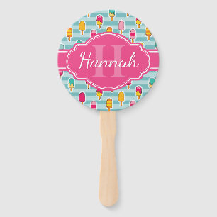 Colorful Ice Pop Pattern with Pink Monogram Hand Fan
