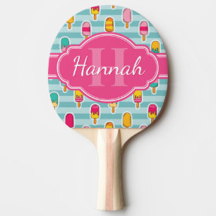 Colorful Ice Pop Pattern with Pink Monogram Ping Pong Paddle