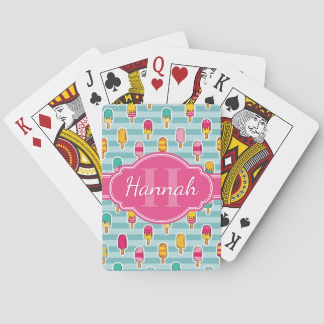 Colorful Ice Pop Pattern with Pink Monogram Poker Cards (Back)