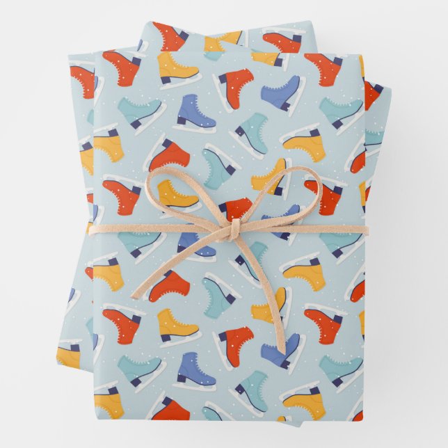 Colorful Ice Skate Winter Pattern Wrapping Paper Sheets (In situ)