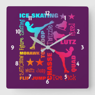 Colorful Ice Skating Theme Terminology Typography Square Wall Clock