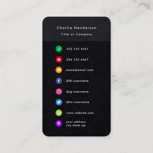 Colorful Icons | Black Social Media Modern Logo Business Card | Zazzle