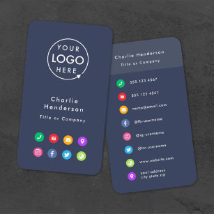 Colorful Icons   Navy Blue Social Media Logo Business Card