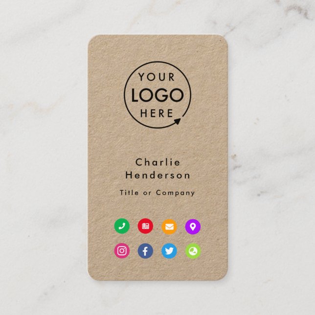 Colorful Icons | Social Media Rustic Kraft Logo Business Card (Front)