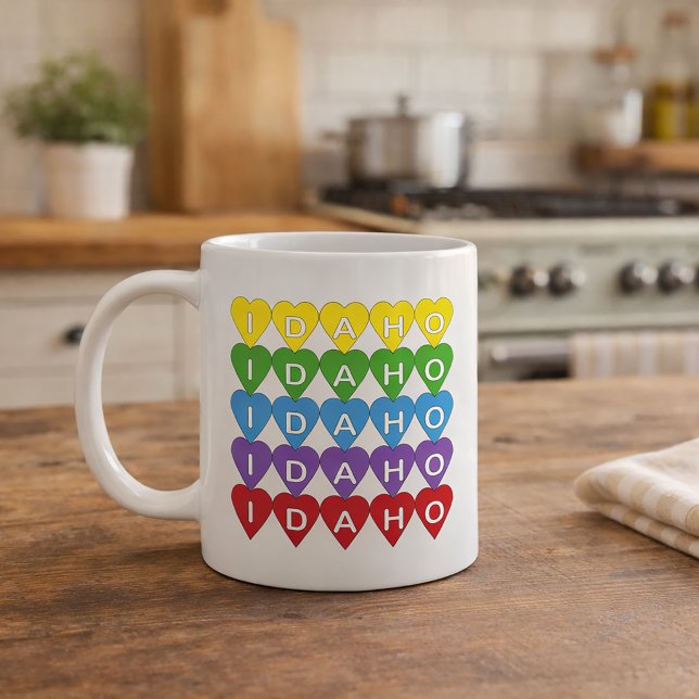 Colorful Idaho Heart Pattern Coffee Mug (A mug that says Idaho in a rainbow heart pattern)