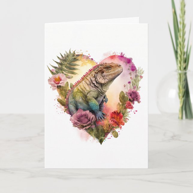 Colorful Iguana in Flowers Valentine's Day Holiday Card (Front)