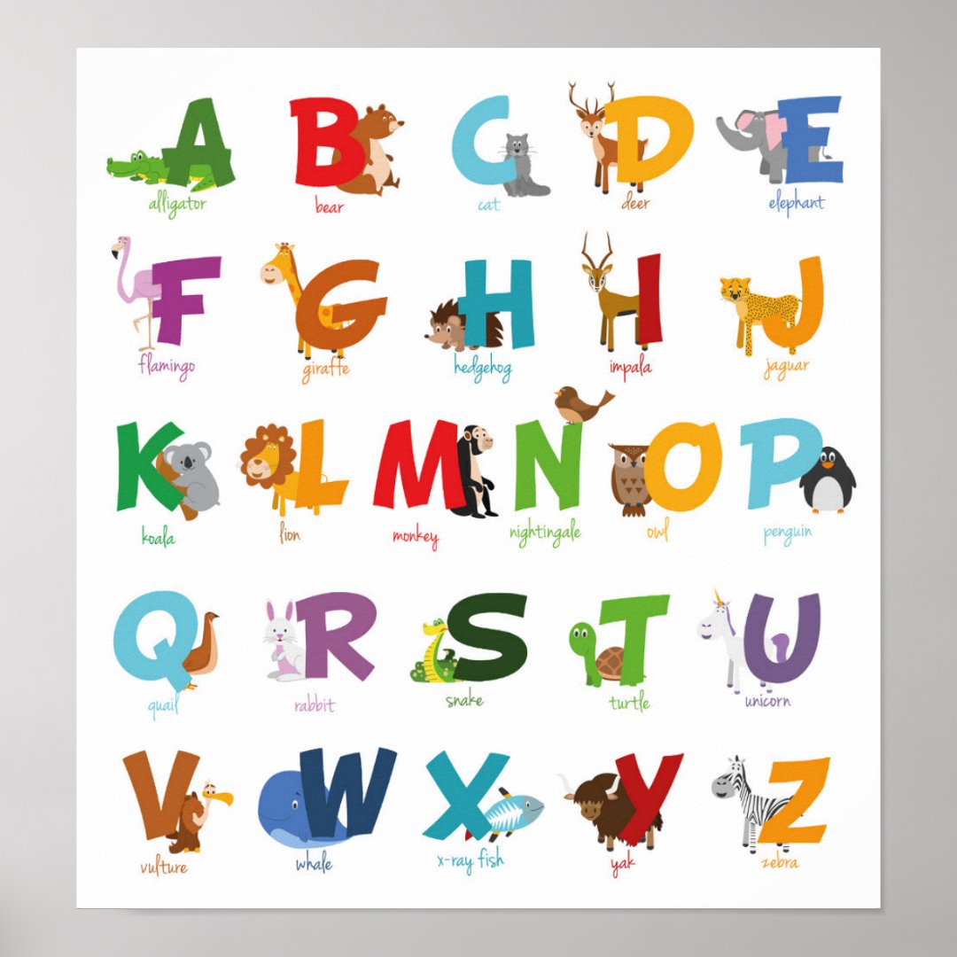 Colorful illustrated Animal Alphabet Letters Poster | Zazzle