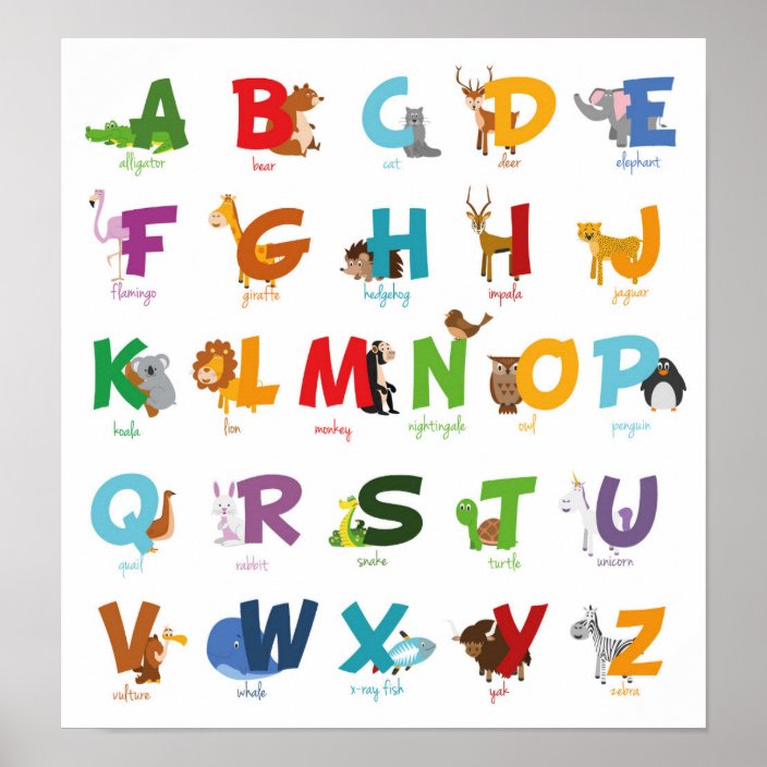 Colorful illustrated Animal Alphabet Letters Poster | Zazzle.com