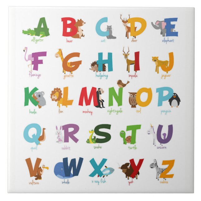 Colorful illustrated Animal Alphabet Letters Tile (Front)