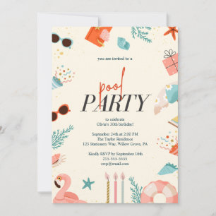 Colorful Illustrated Aquatic Summer Pool Birthday  Invitation