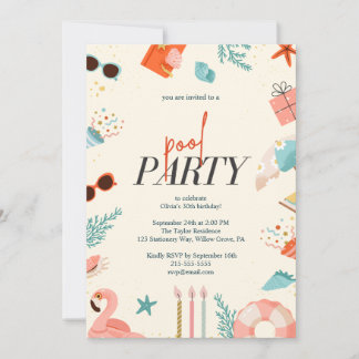 Colorful Illustrated Aquatic Summer Pool Birthday Invitation