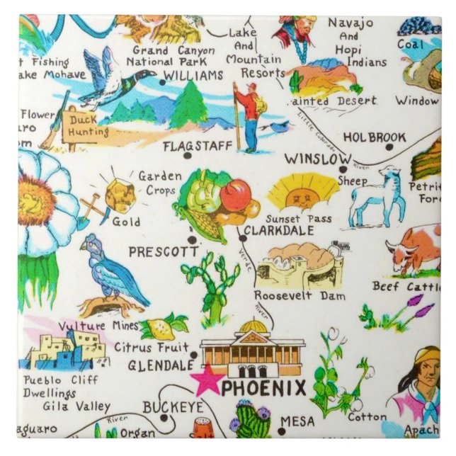 Colorful Illustrated Arizona Map  Ceramic Tile (Front)