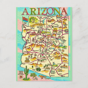 Colorful Illustrated Arizona Map Postcard