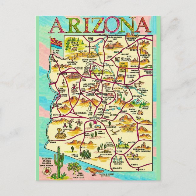 Colorful Illustrated Arizona Map Postcard (Front)